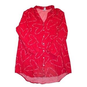 Victoria's Secret Sleepshirt Womens L Red Heart Script Button Front Long